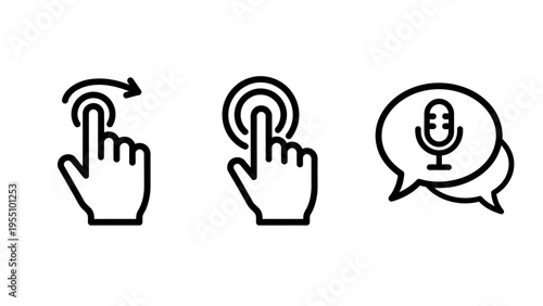 Hand gestures icons: swipe with two fingers, single tap, and speech bubble with microphone for voice command or audio input
