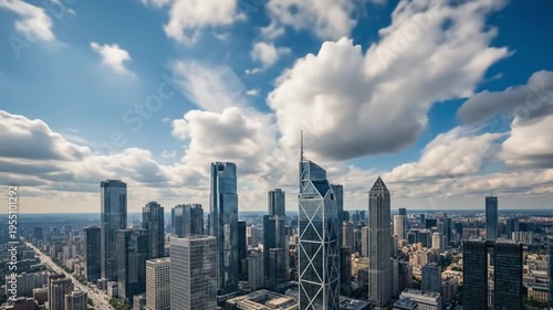 Wide view of a modern city skyline under a bright blue sky with fluffy clouds, creating a fresh and clean urban atmosphere.