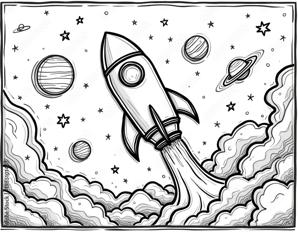 Fototapeta premium Rocket blasting off into starry sky past planets and clouds. Simple line art illustration for kids. Space exploration theme, adventure, and discovery concept.