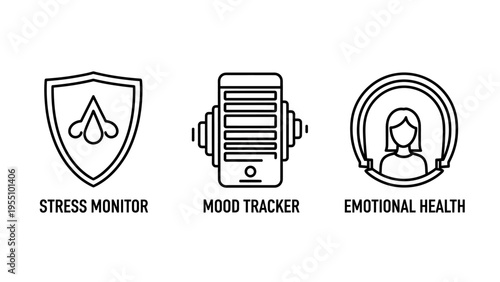 Icons for mental wellness: shield with water drops for stress monitor, smartphone for mood tracker, and person in circle for emotional health