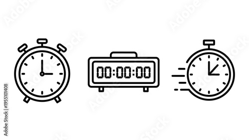 Icons representing time management: classic alarm clock, digital stopwatch, and fast-moving analog clock
