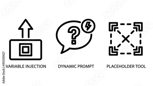 Icons related to generative AI and design tools: variant injection, dynamic prompt with question mark, and placeholder tool
