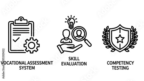Business icons for vocational assessment, skill evaluation, and competency testing, representing hr and professional development processes, human resources