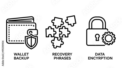 Security and data protection icons for wallet backup, recovery phrases, and data encryption, illustrating digital asset safety, line art