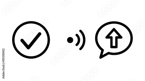 Icons representing approval, connection, and upload, signifying confirmation, data transfer, and digital communication, line art