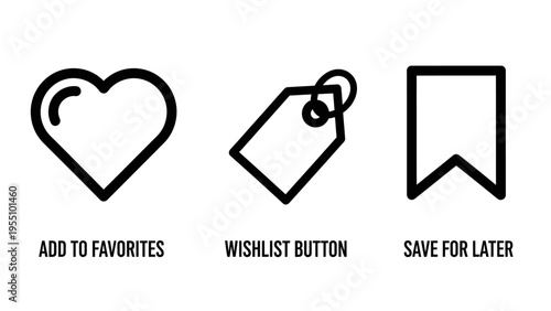User interface icons for add to favorites, wishlist, and save for later, representing e-commerce and content saving actions, line art