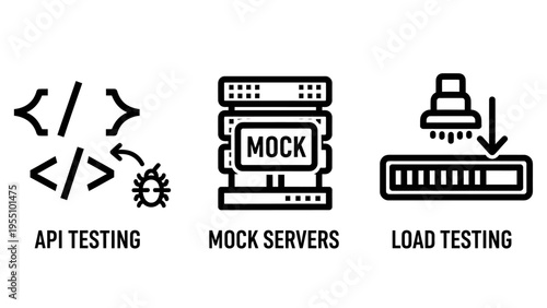 Api testing, mock servers, and load testing icons: technical symbols for software development and it, software engineer