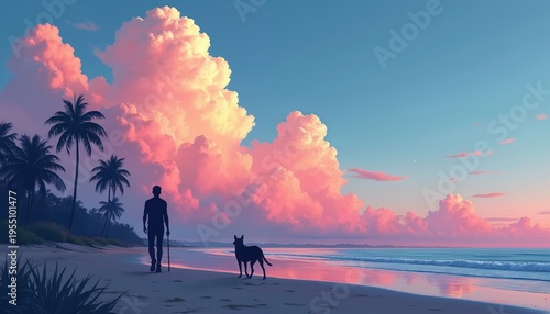 Man walks with dog on beach at sunset. Person strolls along shore near palm trees. Sky has pink clouds and blue hues. Ocean waves reflect vibrant colors. Peaceful evening coastal scene.