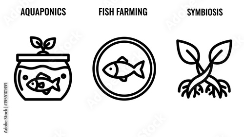 Aquaponics, fish farming, and symbiosis icons: linear graphics for sustainable agriculture and ecosystem concepts, food production