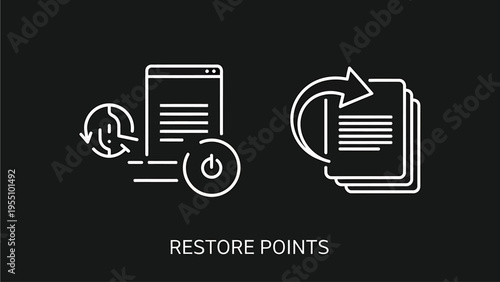 Restore points and data backup icons: line art symbols for system recovery and file preservation with information technology
