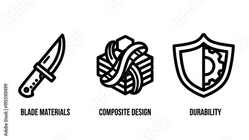 Blade materials, composite design, and durability icons: symbols for strength, manufacturing, and product qualities, heavy duty