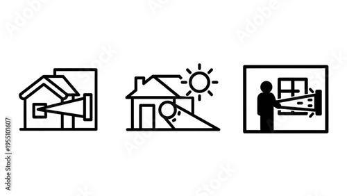 Icons illustrating home security, surveillance cameras, and person looking out window with sunlight, real estate