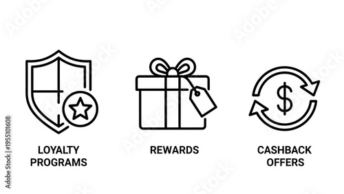 Icons for loyalty programs with shield and star, rewards with gift box and tag, and cashback offers with dollar and arrows