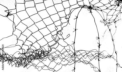 Opening in metallic fence isolated on white background breakthrough concept. metaphor. Chain-link, wire netting, wire mesh, hole gap in fence. Challenge. uncertainty Sharp barbed wire border