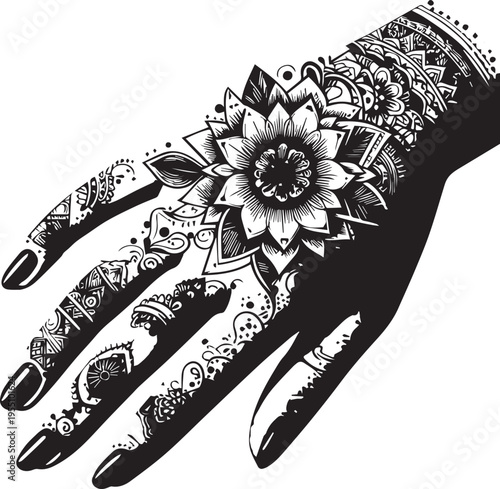Black and White Mehndi Design Vector | Intricate Henna Art Illustration