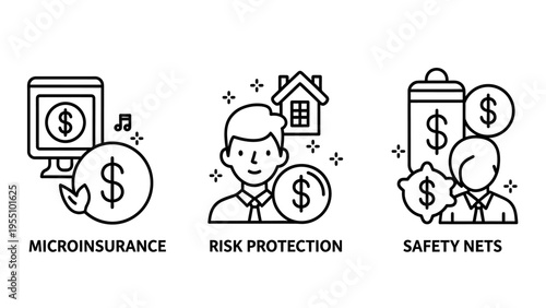 Icons for microinsurance with money and computer, risk protection with person and house, and safety nets with money and person