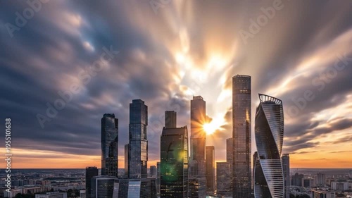 Time-lapse of fast-moving clouds over a futuristic city skyline, creating a dynamic and dramatic urban scene
