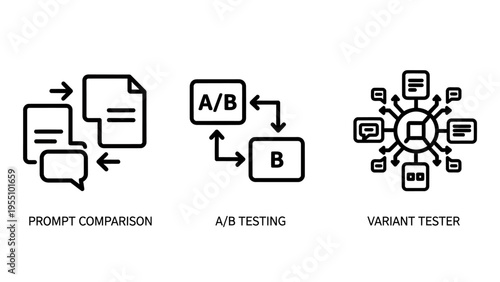 Graphic icons set: document comparison, a/b testing, network distribution, vector illustration for business, technology, and data concepts