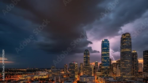 Time-lapse of dark storm clouds rolling over a modern city skyline at night, creating a dramatic and moody urban atmosphere with illuminated skyscrapers