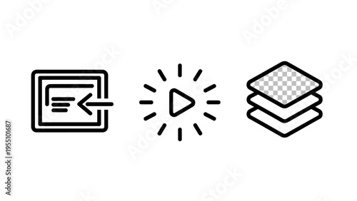 Vector icons: input/output symbol, play button with rays, layered squares, representing data entry, playback, and file layers or stacking concepts