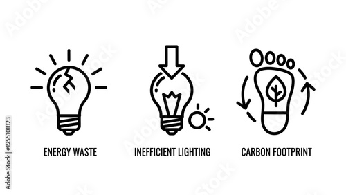 Energy waste, inefficient lighting, and carbon footprint outline icons for environmental sustainability awareness