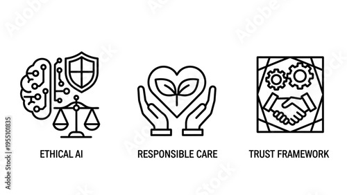 Ethical AI, responsible care, and trust framework icons: core principles for business integrity and advanced technology development