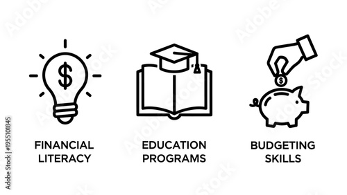 Financial literacy, education programs, and budgeting skills icons: essential concepts for personal finance, wealth management, and learning