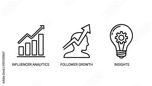 Set of business growth and digital marketing icons: influencer analytics, follower growth, and viral statistics, illustrating social media success