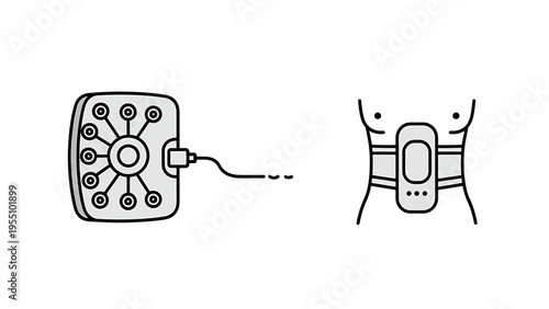 Wearable medical devices icons set: body electrode patch and remote health monitoring system for ecg and vital signs tracking