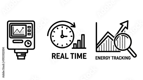 Real time data monitoring, energy tracking, and device interface line icons for smart systems and analytics applications