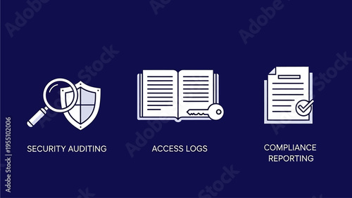 Cyber security auditing, access logs, and compliance reporting line icons on dark blue for data protection and corporate governance