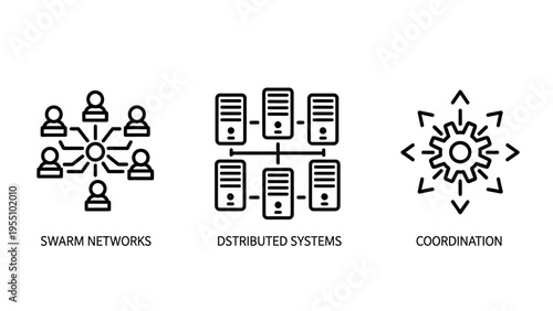Illustrative icons depicting swarm networks, distributed systems, and effective coordination for technological and business processes