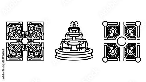 Collection of ornamental garden elements, including decorative square patterns and an elegant tiered water fountain icon illustration