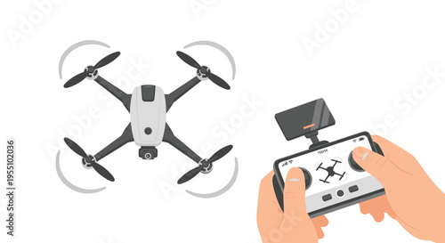 A quadcopter drone is flying while hands operate its remote controller with an attached smartphone on a white background.