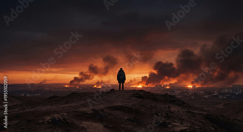 A lone figure stands silhouetted on a dark barren hilltop, facing a city engulfed in flames and smoke