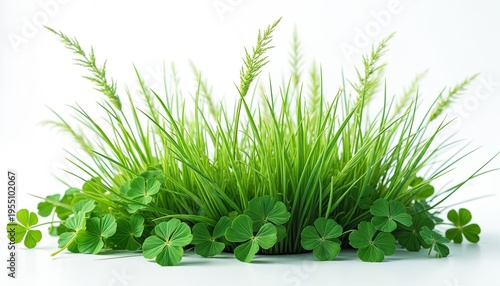 Green grass with clover leaves and fountain grass stalks isolated on white background. Fresh spring plant growth concept. Natural elements for design.