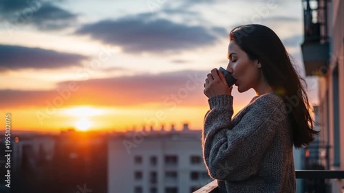 Side view of a woman enjoying a cup of coffee during sunrise with a city skyline in the background, representing calm lifestyle moments