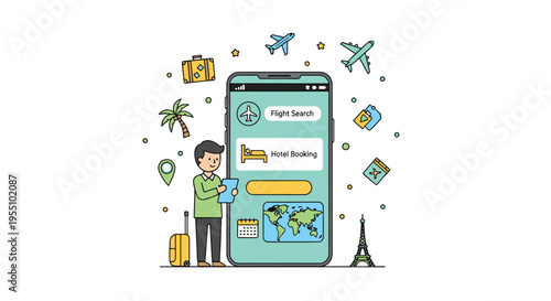 A man is standing next to a large smartphone displaying travel booking options with various travel icons floating around.