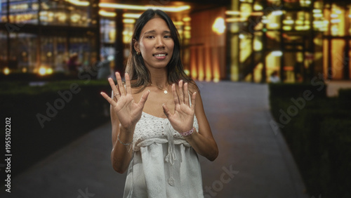 Φωτογραφία Thai woman in white dress lifts both hands palms forward showing fingers and bracelets at a building entrance lit at night; caution hesitation