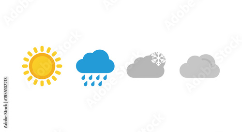 Four distinct weather icons, including a yellow sun, a rainy blue cloud, a snowy grey cloud, and a plain grey cloud, are arranged horizontally on a white background.
