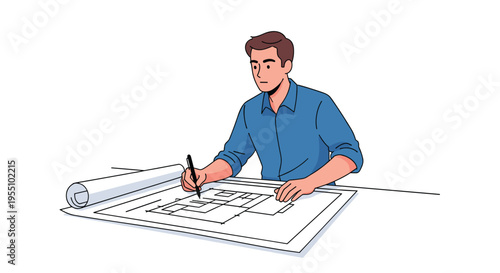 A man with brown hair and a blue shirt sits at a white table, drawing a blueprint with a black pen on a large sheet of paper, with a rolled blueprint beside him.