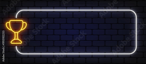 White neon frame with golden trophy icon on dark brick wall. Elegant glow represents victory, achievement, or award concept.