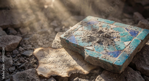 A shot focuses on a fragment of ancient turquoise and blue mosaic tile resting on grey stones