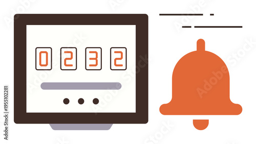 Time management, notifications, alerts, reminders, productivity tools, digital tracking. Countdown timer display with bell icon. Time management and notifications concept for reminders