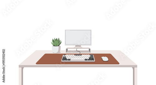 A minimalist desk setup with a white computer monitor, keyboard, mouse, and a potted plant rests on a brown mat on a light table.