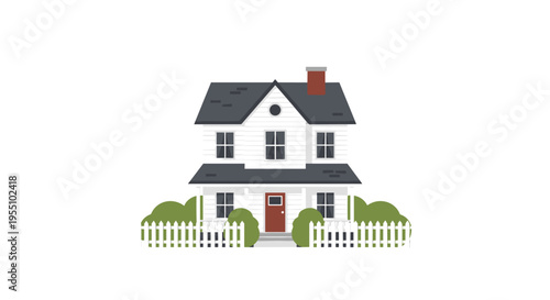 A two-story white house with a red door and a white picket fence enclosing green bushes stands on a plain white background.