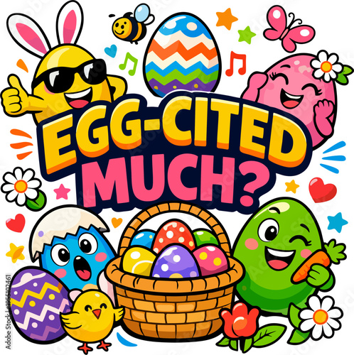 Funny Easter eggs characters with playful typography and bright flat vector style.
