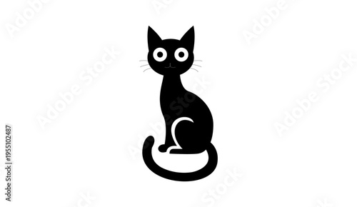 Minimalist cute black cat illustration with big eyes, sitting kitty vector icon 