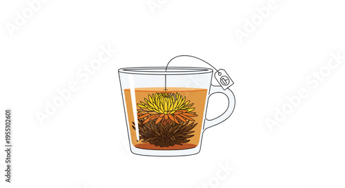 A clear glass mug contains amber-colored tea with a blooming tea flower and a dangling tea bag tag on a white background.