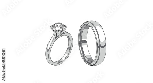A solitaire diamond engagement ring and a polished wedding band are displayed side-by-side on a white background.